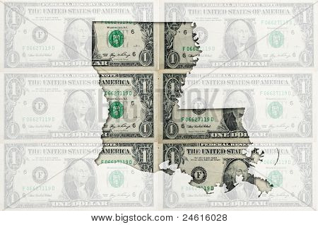 Kontur mapa Luisiana z przezroczystego amerykański Dolar banknotów w tle