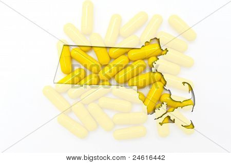 Kontur kort over Massachusetts med gennemsigtig piller i baggrunden