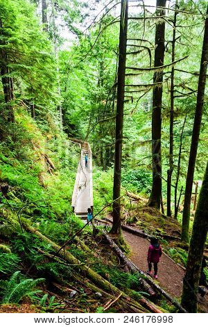 Qualicum Beach, Canada - July 7, 2016: Visitors Hike Along The Wooden Boardwalk Toward The Lower Cav