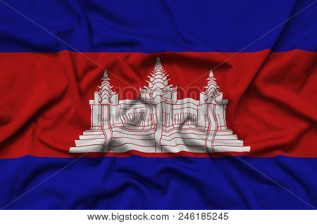 Cambodia Flag  Is Depicted On A Sports Cloth Fabric With Many Folds. Sport Team Waving Banner