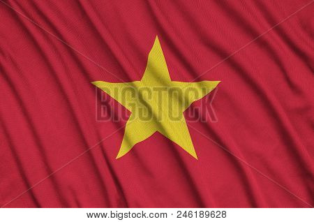 Vietnam Flag  Is Depicted On A Sports Cloth Fabric With Many Folds. Sport Team Waving Banner
