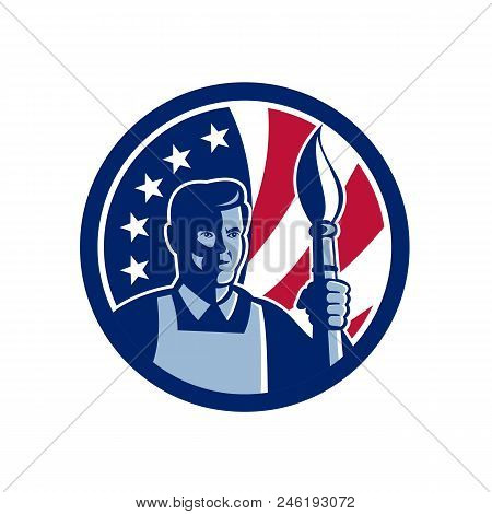 Icon Retro Style Illustration Of An American Fine Artist Or Painter Holding Paint Brush With United 