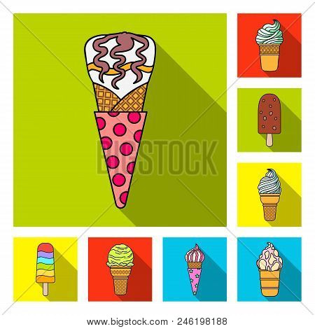 Different Ice Cream Flat Icons In Set Collection For Design. Dessert And Sweetness Vector Symbol Sto