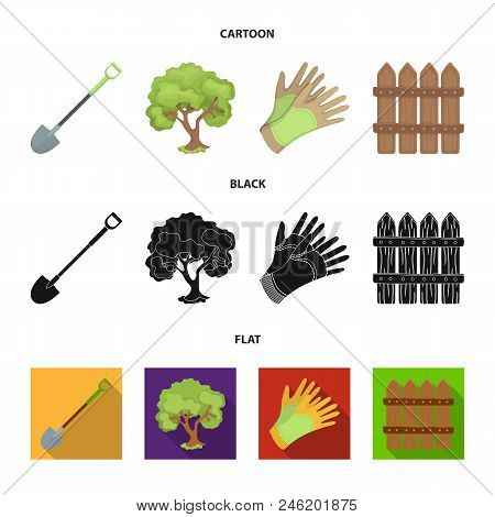 A Shovel With A Handle, A Tree In The Garden, Gloves For Working On A Farm, A Wooden Fence. Farm And