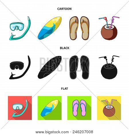 Diving, Surfing, Cocktail.summer Vacation Set Collection Icons In Cartoon, Black, Flat Style Vector 