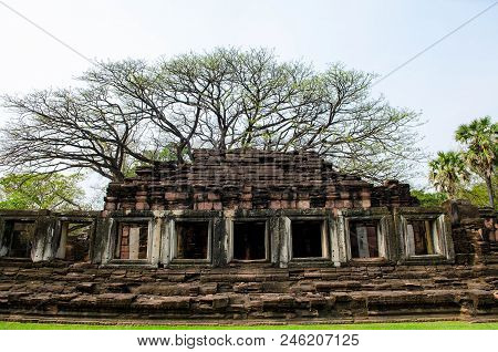 Stone Corridor Anicient Walkway Around Stone Castle Of Phimai Historical Park, Thailand.