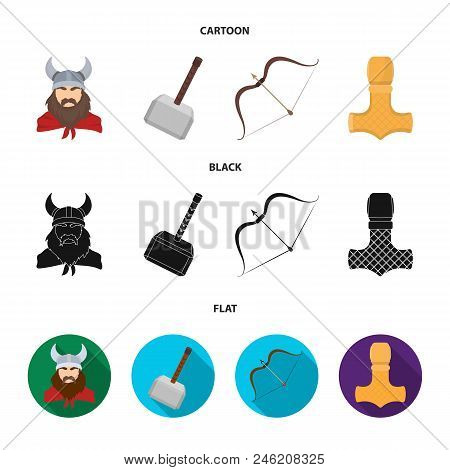 Viking In Helmet With Horns, Mace, Bow With Arrow, Treasure. Vikings Set Collection Icons In Cartoon