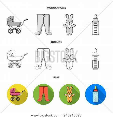 Stroller, Bottle With A Pacifier, Toy, Sliders.baby Born Set Collection Icons In Flat, Outline, Mono