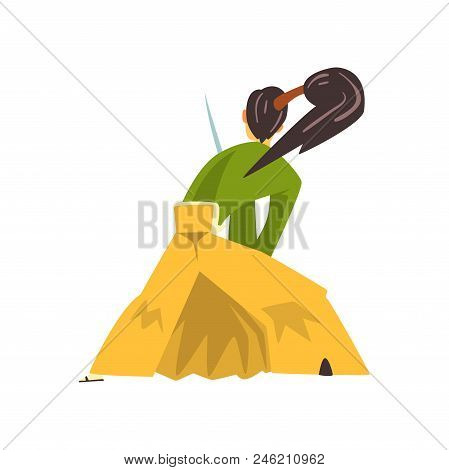 Samurai Cartoon Character Fighting With Katana Sword, Back View, Japanese Warrior In Traditional Clo