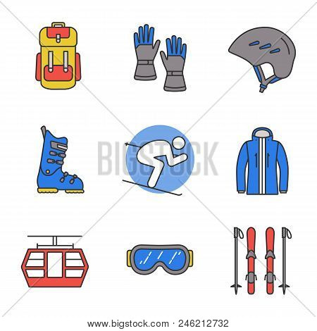 Winter Activities Color Icons Set. Backpack, Gloves, Goggles, Helmet, Ski Boot, Boards And Poles, Sk