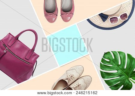 Trendy Accessories Clothes Fashion Set. Stylish Woman Accessories, Handbag Clutch, Denim, Glamor Sho