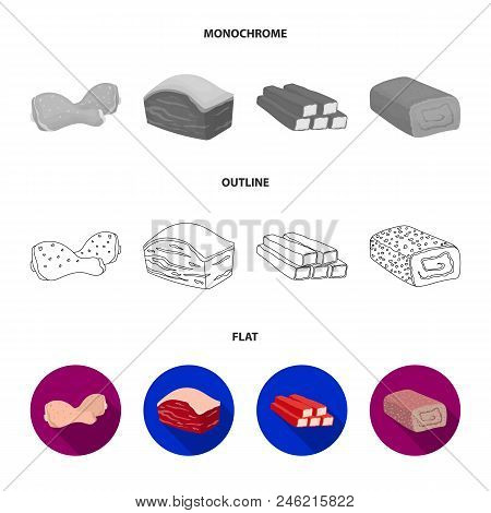 Chicken Drumstick, Podcherevina, Crab Sticks, Meatloaf. Meat Set Collection Icons In Flat, Outline, 