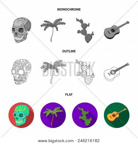 Green Skull With A Picture, A Palm Tree, A Guitar, A National Mexican Instrument, A Cactus With Spin