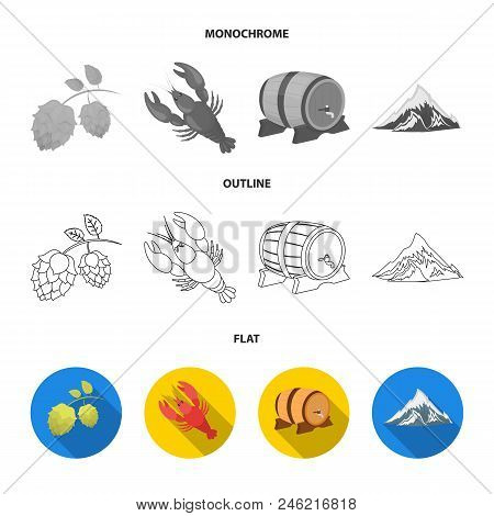 Alps, A Barrel Of Beer, Lobster, Hops. Oktoberfest Set Collection Icons In Flat, Outline, Monochrome