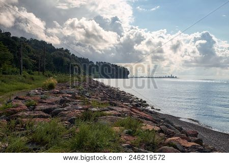 Rocky Black Sea Beach Coast With A View To Batumi Georgia