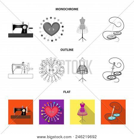 Needle And Thread, Sewing Machine, Pincushion, Dummy For Clothing. Sewing And Equipment Set Collecti
