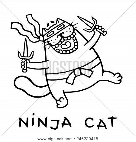 Fat Ninja Cat With Two Sais. Funny Cartoon Cool Character. Isolated Vector Illustration. White Color
