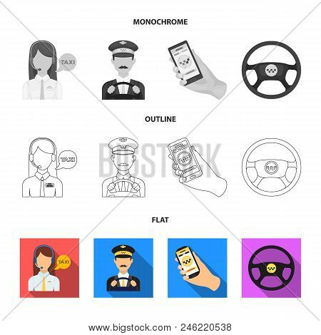 A Taxi Driver With A Microphone, A Taxi Driver At The Wheel, A Cell Phone With A Number, A Car Steer