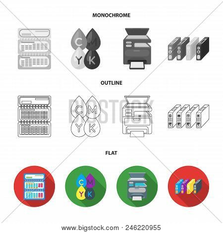 Calendar, Drops Of Paint, Cartridge, Multifunction Printer. Typography Set Collection Icons In Flat,