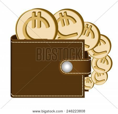 Brown  Wallet With Lari Coins On A White Background , Currency In The Wallet,sign And Symbol Currenc