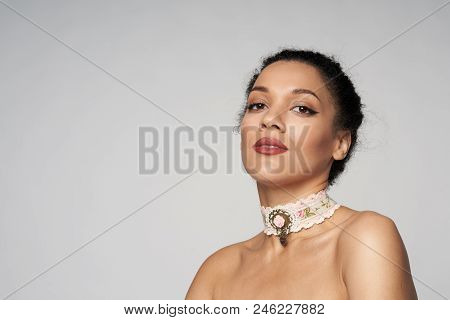 Beauty Closeup Profile Portrait Of Beautiful Mixed Race Caucasian - African American Woman Wearing C
