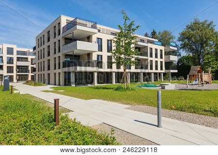 Bremgarten, Switzerland - June 16, 2018: New Residential Buildings Along Augraben Street In Bremgart