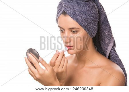 Lips Skin Care. Beautiful Woman Face Applying Hygienic Lip Balm, Lipcare Stick. Closeup Of Female Fa