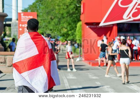 Volgograd - June 18: Football Fans Of The National Team Of England  With National Flags And Attribut