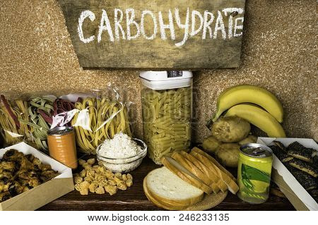 Assortment Of Products Rich Of Complex Carbohydrates. Healthy Food On Stone Background. Space For Te
