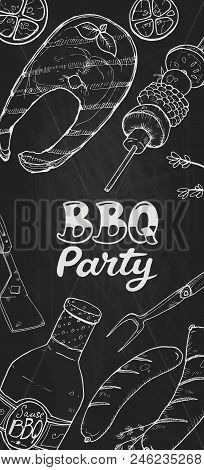 Bbq And Grill Banner With Sketch Objects. Hand Drawn Barbecue Elements Around Decorative Text. Bbq P