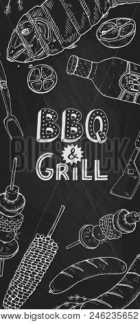 Bbq And Grill Banner With Sketch Objects. Hand Drawn Barbecue Elements Around Decorative Text. Bbq P