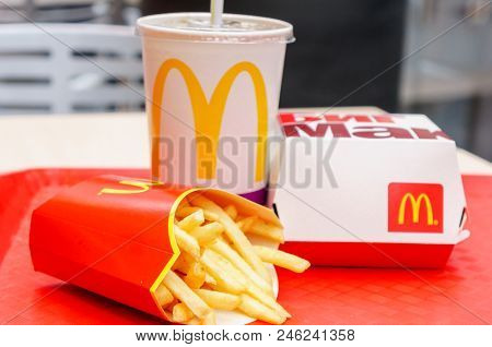 Moscow, Russia, March 15 2018: McDonald's Big Mac hamburger menu, French Fries and Coca Cola