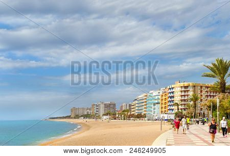 Blanes, Spain - 30 May, 2018: Coast Of Sandy Beach And Architecture Of Spanish Beach Resort Blanes I