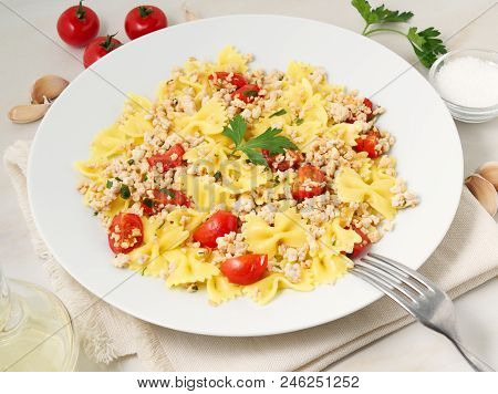 Farfalle Pasta With Tomatoes, Chiken Meat, Parsley On White Stone Background, Low-calorie Diet, The 