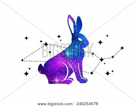 Night Sky In Rabbit Silhouette And Constellation Of Cetus. Creative Modern Tattoo As Symbol Of Spiri