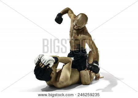 Mma. Two Professional Boxers Boxing Isolated On White Studio Background. Couple Of Fit Muscular Cauc