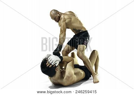 Mma. Two Professional Boxers Boxing Isolated On White Studio Background. Couple Of Fit Muscular Cauc