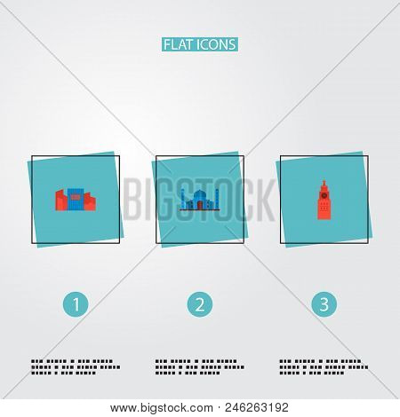 Set Of Famous Icons Flat Style Symbols With Shibuya, Kremlin, Taj Mahal And Other Icons For Your Web