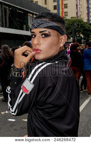 Man With Costume In Gay Pride Parade Sao Paulo 2018