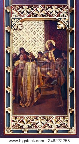 ZAGREB, CROATIA - APRIL 07: St. Ladislaus sends the first bishop of Zagreb, altarpiece in Zagreb cathedral dedicated to the Assumption of Mary in Zagreb on April 07, 2015