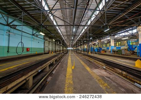 Moscow, Russia - April 15, 2018: Subway train metro depot Krasnaya presnya interior