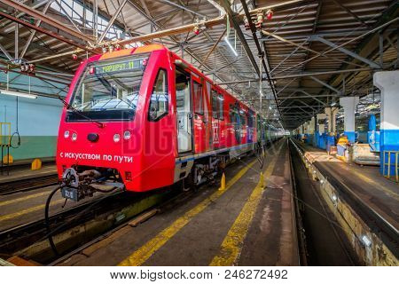 Moscow, Russia - April 15, 2018: Subway train metro depot Krasnaya presnya interior