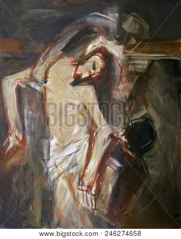 SISAK, CROATIA - DECEMBER 07: 13th Stations of the Cross, Jesus' body is removed from the cross, Church of Holy Cross in Sisak, Croatia, on December 07, 2017.