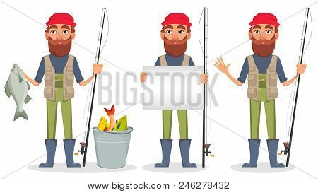 Fisher Cartoon Character, Set Of Three Poses. Fishermen With Caught Fish, With Blank Placard And Wit