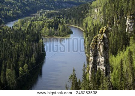 Landscape - Wooded Canyon Of The Northern River With Rocks, A Top View (the Usva River In The Middle