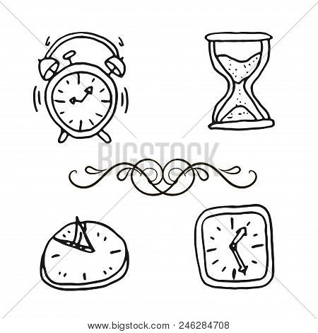 Hand Drawn Set Of Doodle Clocks And Watches