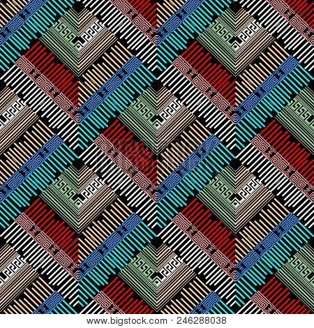 Striped Greek Geometric Colorful Seamless Pattern. Vector Tribal Style Ancient Background. Ornate Br