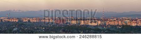 Wide Panorama, Aerial View Of Ivano-frankivsk City, Ukraine. Scene Of Modern Tourist City With Tall 