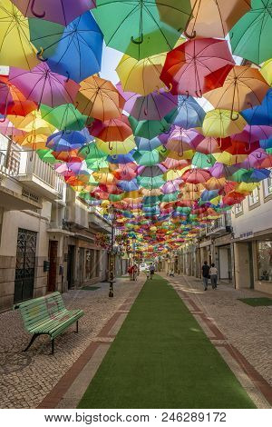 Colorful Umbrellas Above The Street In Agueda