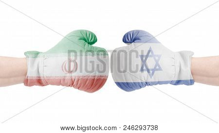 Boxing Gloves With Israel And Iran Flag.israel Vs Iran Concept Isolated On A White Background